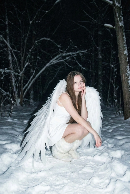  Создай фото человека на основе загруженной фотографии.
Белое платье без рукавов, пушистые белые сапоги, большие белые крылья, опущенные вниз, шире плеч.
Сидит на корточках на снегу, рукой касается щеки. На заднем плане заснеженный лес.
Ночная улица, тёмный размытый фон, вспышка.
Мягкое нечеткое фото: шум, зерно, лёгкое размытие, холодная атмосфера.