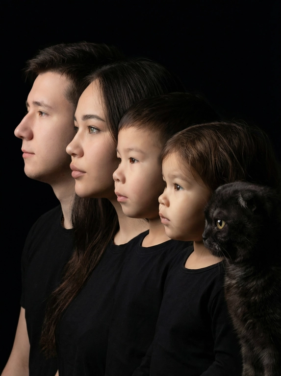 Профессиональный студийный портрет с низким контрастным светом. Головы расположены строго в одну линию. боковой профиль, взгляд влево. У всех видны только головы и немного плечи. Головы занимают весь кадр. Черный фон. Черная одежда у всех. Расположи их по убыванию возраста.