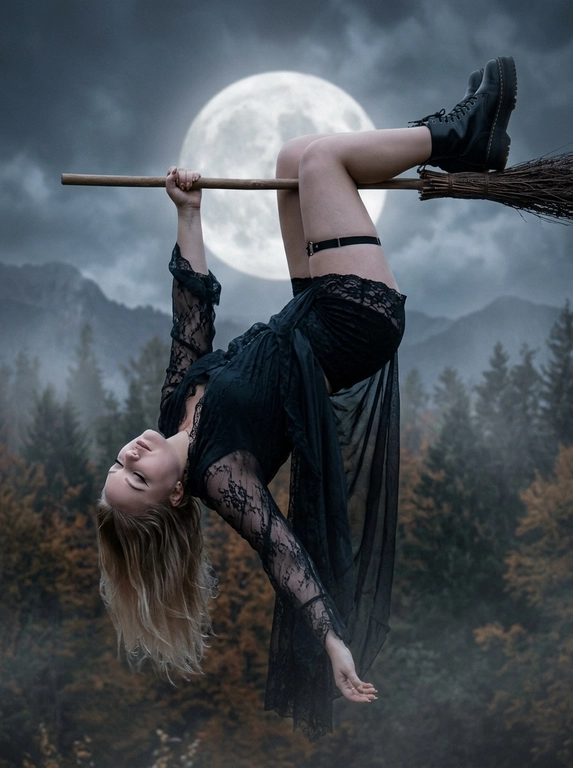 Сгенерируй ультрареалистичную вертикальную фотографию в готической Halloween-эстетике с лёгким Y2K-настроением.
Техника съёмки: имитация фотографии на основную камеру iPhone 15 Pro Max, естественная перспектива, лёгкая плёночная зернистость, небольшая атмосферная дымка, минимальный цифровой шум. Y2K-эстетика передаётся только через цвет, зернистость и настроение кадра.
ВАЖНО: никаких надписей, букв, цифр, дат, временных меток, подписей, логотипов, рамок, интерфейса камеры или водяных знаков.
Модель: готическая ведьма с сохранением индивидуальных черт лица. Макияж: чёрные стрелки, выразительные ресницы, естественные брови, мягкие нюдовые губы.
ПОЗА:
В кадре только одна модель и одна горизонтальная метла.
Деревянное древко метлы проходит строго горизонтально слева направо через верхнюю часть кадра. Длинная деревянная ручка продолжается в левую сторону кадра. Соломенная часть метлы находится ТОЛЬКО справа.
Модель висит вниз головой ПОД метлой в расслабленной асимметричной позе.
Таз находится непосредственно под древком, очень близко к нему.
Обе ноги согнуты в коленях и надёжно зацеплены за одну и ту же метлу. Обе голени и ботинки располагаются ВЫШЕ древка и направлены преимущественно в ПРАВУЮ часть кадра.
Ноги несимметричны: одно колено находится чуть выше другого, один ботинок расположен выше и дальше вправо, второй немного ниже и ближе к центру. Ноги не стоят рядом вертикально и не образуют симметричную форму.
Рука, находящаяся СЛЕВА В КАДРЕ, поднята вверх и крепко держит деревянное древко метлы слева от тела. Это единственная рука, которая касается метлы.
Вторая рука находится СПРАВА ОТ ТЕЛА и свободно свисает вниз, полностью расслабленная.
Корпус свисает вниз по диагонали: бёдра находятся выше и немного правее, плечи ниже и немного левее. Голова находится ниже корпуса и смещена в ЛЕВУЮ нижнюю часть кадра.
Тело НЕ висит строго вертикально. Модель не зеркалить и не разворачивать в противоположную сторону.
Вес тела визуально удерживается согнутыми ногами, зацепленными за древко, и одной рукой. Между ногами и метлой нет заметного зазора. Модель не парит отдельно от метлы.
Голова слегка запрокинута назад, лицо повернуто немного в сторону, глаза закрыты, выражение спокойное и безмятежное.
Одежда: тёмный струящийся кружевной готический наряд с полупрозрачными кружевными рукавами, массивные чёрные ботинки DR. MARTENS и чёрная подвязка на бедре.  Под нарядом черные бельевые шортики с кружевной отделкой. Ткань естественно свисает вниз под действием гравитации.
Фон: далёкий туманный осенний лес, горы и облачное небо. Крупная полная луна находится позади верхней части фигуры и метлы, создавая выразительный фон.
Освещение мягкое, атмосферное, подчёркивает кружево, кожу, обувь и деревянную поверхность метлы. Приглушённая холодная осенняя цветокоррекция с лёгкой винтажностью.
Композиция: модель занимает большую часть вертикального кадра. Метла проходит через верхнюю треть изображения. Голова находится в нижней левой части, согнутые ноги и ботинки в верхней правой части. Композиция асимметричная и динамичная.
Только одна модель, одна голова, две руки, две ноги, две стопы, два ботинка и одна метла. Без дополнительных конечностей, дублированных кистей, лишних ботинок, второй метлы, дополнительных древков или деформации суставов.
Без текста, букв, цифр, дат, подписей, логотипов и водяных знаков.
