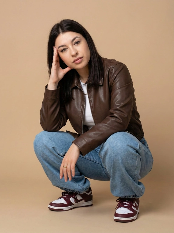   фотореализм 8K, внешность человека строго 1:1 с референса — лицо, волосы, глаза, кожа — без изменений
Фотография сделана в студии на нейтральном фоне, слегка уходящем в бежевый. Стиль фотографии – модный, возможно, часть лукбука или рекламной кампании. Атмосфера расслабленная, немного задумчивая.

На фотографии – женщина, сидящая на корточках. Она одета в широкие, светлые джинсы, присборенные на щиколотках. Поверх надета кожаная куртка шоколадного цвета на молнии. На ногах у нее кроссовки бордово-белой расцветки.

Одна рука женщины поднята к голове, пальцы касаются виска. Вторая рука опущена вниз, видна часть кисти. На пальце заметно золотое кольцо. Взгляд направлен прямо в камеру.