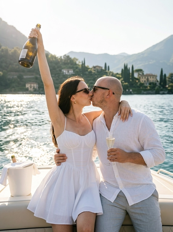 Реалистичная летняя lifestyle-фотография пары, отдыхающей на катере на фоне горного озера. Кадр поясной, пара по центру, точка съёмки на уровне их груди, лёгкий наклон камеры. Поза радостная и романтичная: пара сидит вплотную друг к другу на мягком кремовом стёганом сиденье катера, корпуса развёрнуты друг к другу. Они слились в нежном поцелуе — губы сомкнуты, глаза прикрыты, выражения счастливые и беззаботные, candid-момент. Женщина левой рукой триумфально подняла вверх высоко над головой бутылку шампанского, торжественный жест празднования; правая рука обвивает плечо мужчины. Мужчина одной рукой обнимает женщину за талию, в другой руке держит у груди бокал-флейту с игристым. На обоих стильные тёмные солнцезащитные очки. Женщина одета в белое летнее мини-платье из лёгкого хлопка на тонких бретелях с корсетным верхом, мягкой драпировкой на груди и пышной расклешённой юбкой. Мужчина в белой льняной рубашке свободного кроя с длинными рукавами и светло-серых брюках. Украшения женщины: маленькие золотые серьги. Макияж естественный летний: ровный сияющий тон, лёгкий персиковый румянец, мягкие тёплые тени, тушь, мягко прорисованные брови, нюдово-розовая помада с лёгким блеском. На сиденье катера слева стоит белое ведёрко для льда с белой салфеткой. Фон: широкая панорама итальянского горного озера в стиле озера Комо — мерцающая голубая водная гладь с солнечными бликами, на дальнем плане поросшие зеленью горные склоны с виллами и кипарисами, ясное светлое небо. Свет: тёплое мягкое солнце золотого часа сзади-сбоку, создаёт выраженный контровой свет, золотистые блики на воде, волосах, коже и тканях, мягкое летнее свечение. Атмосфера праздничная, романтичная, гламурная, благородная, отпускная. Стиль: реалистичная lifestyle-фотография в эстетике соцсетей, чистые тёплые натуральные цвета, лёгкая плёночная фактура, малая глубина резкости, резкий фокус на лицах. Снято на 35mm f/2.2.