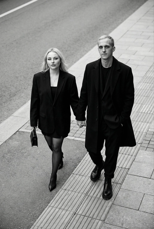 Черно-белая художественная фотография, ультрареализм, 8K, профессиональная съёмка; (оба): в кадре мужчина и женщина; каждый персонаж жёстко привязан к своему загруженному референсу, лица используются напрямую, без генерации, усреднения, подмены или смешения. Вид сверху под углом. Они идут по городской улице, держась за руки; шаг в движении, эффект «пойманного кадра». Смотрим вверх в камеру, выражение спокойное, уверенное, отстранённое.
Полностью чёрные образы modern classic: женщина — оверсайз-пиджак, короткое платье/юбка, плотные колготки, остроносые каблуки, маленькая сумка; мужчина — длинное пальто, свободный костюм, массивные ботинки.
Фон: асфальт, плитка, тактильная дорожка, геометрия.
Контрастный свет, мягкие тени, высокая детализация тканей.
Стиль: black & white, cinematic, high fashion, editorial, minimalism, street photography.
Качество: ultra high resolution, sharp focus, film grain, без ретуши.