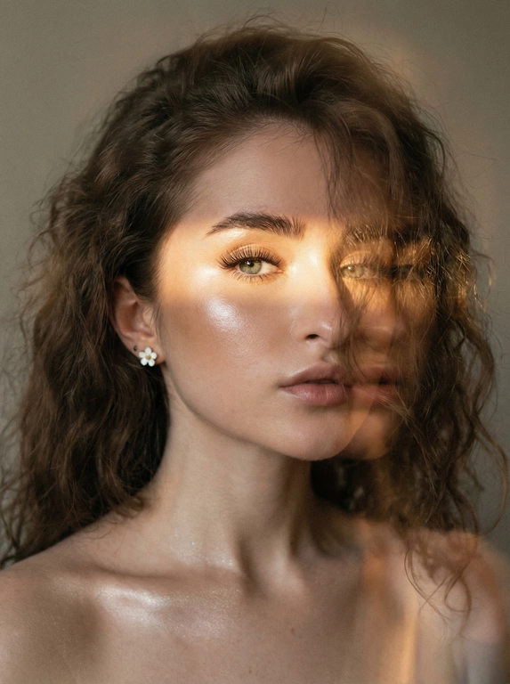 Кинематографический эффект с добавлением зерна. Ультрареалистичный, экстремально крупный портрет части лица девушки: на неё падает солнечный свет полосой, освещая глаза; её голова немного повёрнута в сторону. Тело подсвечено хайлайтером. Макияж лёгкий, с насыщенным хайлайтером; ресницы длинные, пышные. Она смотрит в камеру со спокойным, созерцательным выражением. Освещение мягкое, с лёгким акцентом на её лицо, создаёт нежные тени и подчёркивает черты. В ушах — серьги в виде белых цветов. Фон минималистичный и нейтральный, что усиливает спокойную и элегантную атмосферу. Фото смазанное, как будто сделано в движении, с двойной экспозицией.


Какая будет прическа?: Волосы кудрявые, частично падают на лицо.