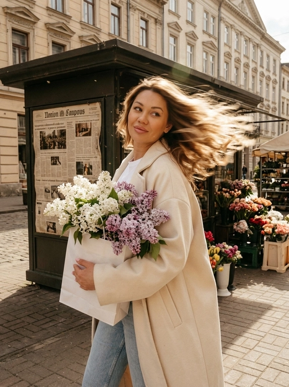 Создай фото, не меняя черты лица и цвет волос. Фотореалистичный уличный кадр, высокая детализация. Фон — старый киоск с газетами, здания, цветочные киоски. Кинематографический эффект с добавлением плёночного зерна, фото на камеру Kodak. Освещение — карамельные оттенки, тёплые солнечные лучи; лёгкая пыльца отражается в лучах света. Весенний день. Модель повернута чуть спиной к камере, с лёгким поворотом головы в сторону камеры, без искажений её черт лица; взгляд на букет кокетливый. На руке у неё висит белый бумажный пакет; из пакета выглядывают пышные соцветия белой и сиреневой сирени — их много, очень объёмные шапочки. Одежда — элегантное оверсайз-пальто кремового цвета со спущенным плечом и лацканами на плечах и рукавах, светло-голубые джинсы и белая облегающая майка. Ракурс — уровень улицы, чуть заниженный угол, чтобы подчеркнуть масштаб фотографии. Фото в движении: намеренное смазывание волос для ощущения динамики. Эффект движения максимальный — сверхдлинная выдержка, экстремальный motion blur, сильное смазывание. Макияж — длинные ресницы, нюдовые губы, контуринг, чёрные стрелки. Общий тон кадра — романтичная, задумчивая и элегантная атмосфера, лёгкая полуулыбка на лице; фотореализм, высокое разрешение.
