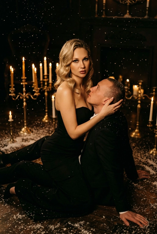 Ракурс камеры чуть сверху и сбоку. Романтическая и драматичная сцена в тёмном помещении. На полу сидит пара — мужчина и женщина верхом на мужчине в тесном, интимном положении. Женщина повернута к камере, её лицо поднято вверх, взгляд в камеру, хорошо освещено мягким тёплым светом. Она смотрит прямо вперёд, немного приоткрыв губы, с выразительным, глубоким взглядом. Если у женщины на фото длинные волосы. то они уложены в роскошные голивудские волны. Если короткие, то волосы просто красиво лежат.  На ней женщине длинное черное платье с лифом-бюстье без бретелей, подчеркивающее силуэт, создающими драматический силуэт.

Мужчина сидит у её груди, склонив голову к ее ключице и смотрит в ее лицо снизу вверх, словно обнимая её, одной рукой. Другой рукой упирается в пол позади себя. Он в чёрном классическом костюме и белой сорочке. Женщина одной рукой держит его за затылок, пальцы мягко погружены в волосы, создавая ощущение близости и страсти.

Вокруг пары падают искусственные снежинки — мелкие белые хлопья, подсвеченные тёплым светом свечей, что создаёт атмосферу зимней магии и романтики. На полу вокруг них разбросан «снег», добавляя глубины сцене.

Позади пары стоят золотистые и латунные канделябры с горящими свечами — тонкие высокие свечи создают мягкое золотое сияние. Из-за низкого освещения фон почти исчезает, оставляя только теплые огоньки и силуэты свечей. Освещение — контрастное: тёплый свет от свечей и мягкая направленная подсветка на лица. Очень темное фото.

Пол — тёмный, возможно деревянный, слегка блестящий от света. Атмосфера кадра — готическая, чувственная, тёплая, драматическая и немного мистическая.