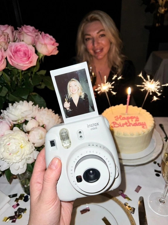 Edit the uploaded reference image into a photorealistic, luxury
birthday party scene.
Preserve the person’s identity exactly. Keep their real facial
structure, skin tone, age presentation, hair type, body type, natural
proportions, expression style, and distinctive features. The final
image should still clearly look like the same person from the
reference photo.
Create the image in the style of a dark, intimate iPhone UGC birthday
snapshot taken in a dim room with direct front flash. Use a dynamic
handheld camera angle, slightly tilted or off-center, as if the photo
was taken spontaneously at the party. The perspective should feel
natural, candid, and immersive, with the white instant camera with
polaroid angled and in focus of the generated image. Avoid a stiff,
perfectly centered studio composition.
The mood should feel candid, and special, like a real birthday
moment captured casually at night. Use flash-lit foreground details,
darker background shadows, warm candle glow, subtle phone-
camera grain, slight handheld imperfection, and shallow depth of
field.
The main focus must be a freshly printed instant polaroid photo
coming out of a clean white instant camera in the foreground. The
white camera should be large in the lower foreground, held close to
the lens. The polaroid should be sharp, visually dominant, and
positioned with a natural slight angle for a more dynamic
composition. The composition should feel similar to a casual iPhone
photo where the polaroid and camera are the main subject, while the
actual person behind it is only subtly visible, and not the main focus,
face not visible.
A natural, well-groomed hand matching the person’s skin tone and
overall styling holds the white instant camera. The hand should look
realistic and relaxed, with simple polished nails only if suitable for
the person.
Inside the polaroid, show the same person from the reference image
posing elegantly at their birthday celebration. They should look
confident, refined, and warmly expressive. Transform their outfit into
a polished birthday look that suits their appearance and gender
presentation. For a woman, create an elegant dress or refined
celebratory outfit. For a man, create a fashionable formal or semi-
formal outfit suitable for a luxury birthday setting. The outfit color should
harmonize with or be inspired by the outfit color in the original
reference photo.
Behind the polaroid, show only a subtle blurred glimpse of the same
person in the background, wearing the same transformed outfit. The
background person should be softly out of focus, partly hidden by
the polaroid camera.
Include tasteful birthday décor around the scene. Use elegant
flowers that harmonize with the subject’s outfit and the overall color
palette of the reference photo. The flowers may be roses, orchids,
hydrangeas, baby’s breath, peonies, lilies, greenery, or other refined
florals. Choose colors that match the person’s transformed outfit
and create a cohesive luxury birthday atmosphere.
Place a birthday cake to the side or slightly in the background. The
cake should be visible but secondary to the polaroid. The cake color,
icing, floral decorations, and candle color should harmonize with the
person’s outfit and the overall palette. Add one lit candle. The cake
must clearly say exactly: “Happy Birthday” in neat, readable icing.
Use realistic direct flash highlights, intimate dark-room lighting, warm
candlelight, soft party lights, shallow depth of field, realistic skin
texture, natural facial proportions, elegant styling, and a cohesive
color palette based on the reference image.
**Strict constraints:** no identity change, no altered facial structure,
no mismatched person between the polaroid and background, no
extra people, no rings, no bracelets, no hand jewelry, no distorted
hands, no extra fingers, no duplicated faces, no warped camera, no
unreadable cake writing, no misspelled cake text, no extra text, no
overly bright studio lighting, no flat commercial lighting, no plastic
skin, no stiff straight-on composition