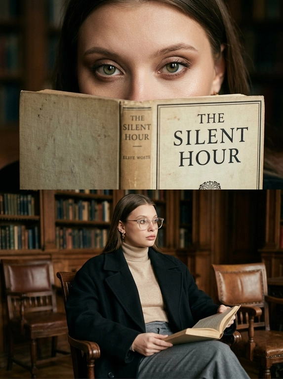 Кинематографичная, ультрареалистичная фотосессия с девушкой в стильном, модном образе. Атмосферный интерьер с эстетикой fashion editorial: винтажная библиотека с чистым светом и выразительными тенями.

Сцена состоит из двух кадров( вертикальный коллаж): 
Кадр 1 - верхний (крупный план):
В кадре видно только глаза и часть книги- верхняя часть лица занимает большую часть кадра. Девушка держит книгу перед лицом, прикрывая нижнюю часть лица так, что видны только глаза. Акцент на взгляде — уверенном, выразительном, слегка загадочном. Свет мягкий, направленный, подчёркивает глаза и текстуру кожи. Книга частично в фокусе. Неглубокая глубина резкости, лёгкий film grain, глянцевая журнальная эстетика.

Кадр 2 - нижний (средний план):
Девушка сидит на краю деревянного стула, держит открытую книгу, отвлекается от чтения и смотрит в сторону. Поза расслабленная, но с ощущением постановки, как в модной съёмке.

Одежда: современный fashion-образ с акцентом на силуэт и фактуры — структурированное пальто oversize, тонкий трикотаж, прямые брюки с высокой посадкой. Возможны акценты: кожаные элементы, чёткие линии, лаконичные аксессуары (серьги, очки, сумка). 

Цвета сдержанные: чёрный, бежевый, серый, молочный, возможен один контрастный элемент. Образ выглядит как съёмка для журнала или lookbook.

Свет более направленный и контрастный, с мягкими тенями и акцентом на форму и объём. Чистая композиция, ощущение дорогой fashion-съёмки.

Общий стиль:
cinematic, fashion editorial, soft but directional light, high detail, shallow depth of field, 35mm / 50mm lens, luxury minimalism, magazine photography aesthetic
Не меняй мою внешность.