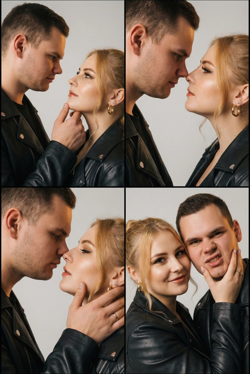 Фотореалистичный кинематографический коллаж в стиле фотобудки 2×2 из четырёх интимных портретов стильной пары крупным планом, расположенных в бесшовной сетке 2×2, на каждом кадре показана разная поза и выражение лица. Лица не меняются.  
  
Вверху слева — крупный план головы и плеч, мужчина нежно обнимает подбородок женщины; вверху справа — интимный профиль «нос к носу»; внизу слева — почти поцелуй с приоткрытыми губами и лёгким касанием щеки пальцами; внизу справа — игривый спонтанный снимок, где женщина смотрит в камеру, а мужчина корчит смешную рожицу.  
  
Обе модели модные и гламурные, тёплый загар с реалистичными бликами, естественная зернистость плёнки и тонкая текстура кожи. Женщина с золотыми серьгами‑кольцами, безупречным гламурным макияжем и блестящими губами; они оба в лёгких черных кожаных куртках; видны ювелирные украшения и фактурные ткани.  
  
Студийный бесшовный светло‑серый фон, мягкий равномерный ключевой свет спереди слева, тёплый вольфрамовый контурный свет справа для разделения, мягкие направленные тени для глубины. Кинематографическая атмосферная цветокоррекция с тёплыми бликами и нейтральными глубокими тенями, эстетика редакционного журнала. Сверхдетализированные пряди волос, реалистичные ресницы и брови, резкие отражения металла и ткани, правдоподобная ретушь журнального уровня, но при этом естественная.