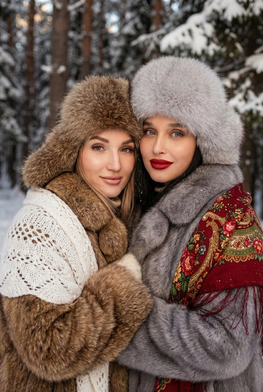 Создай кадр, который представляет собой теплый, уютный, слегка ностальгический зимний портрет в фэшн/фолк-стиле. Атмосфера спокойная, элегантная, дружеская близость двух моделей; сочетание высокой моды (мех, профессиональная ретушь) и фольклорной эстетики (вышитый шарф). Композиция и позирование: Форма кадра: портретный, вертикальный (соотношение примерно 3:4). Расположение: две женщины в центре кадра, тела и головы видны на груди; правая модель немного ближе к камере. Позы: девушки стоят близко друг к другу, левая модель слегка опирается на правую; плечи слегка повернуты к камере. Взаимодействие: мягкая улыбка, закрытое выражение лица, взгляд в камеру; дружелюбный, уверенный тон. Лица и макияж: Кожа: гладкая, естественная текстура, легкий эффект сияния. Глаза: аккуратные блики – оживляют взгляд; нейтральный/теплый макияж теней. Брови: естественная форма, слегка очерчены. Губы: у правой модели насыщенный матовый красный (центральный акцент), у левой – нежно-розовый нюдовый. Волосы: свободные пряди вокруг лица, несколько прядей с легкой волной для естественности. Шапки: большие пушистые меховые шапки с очень четко выраженной текстурой меха; справа – светло-серый мех, слева – коричневый мех. Форма: высокие, округлые, плотно сидят на голове, частично закрывают лоб – создают силуэт и рамку для лица. Верхняя одежда и текстуры: меховые пальто: густой натуральный мех у левой модели коричневый, у правой модели – светло-серый тон с видимым направлением волосков; богатая текстура и объем. У девушки справа на правом плече маленький платок с традиционным русским орнаментом – яркие цветы и листья, на фоне глубокого красного цвета с золотисто-терракотовыми, зелеными деталями; Тонкая бахрома ниспадает на ее плечо. У девушки слева на левом плече небольшой вязаный белый шарф с крупным ажурным узором, что добавляет контраста в текстуре и цвете. Окружение и фон: Лес: темные хвойные деревья, вертикальные силуэты стволов; снег на земле/вдали — размытый фон (боке).