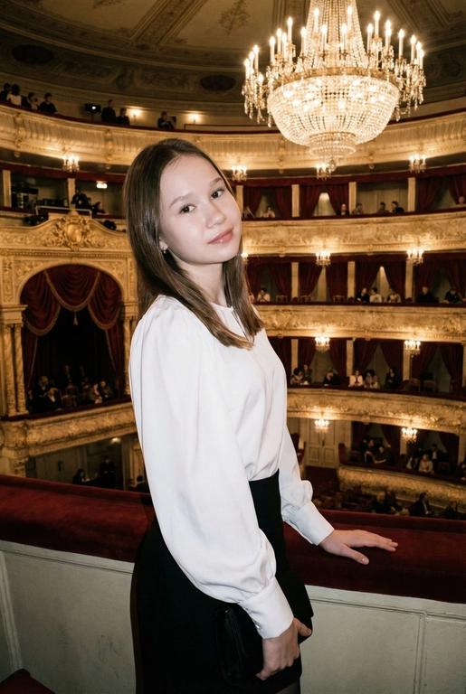 Я стою в ложе Большого театра, на рядов лож и большой хрустальной люстры. В ложах сидят люди, висят красные бархатные занавески. Камера на уровне глаз.  Съёмка выглядит как фото, сделанное на iPhone: естественный свет, лёгкое зерно, минимальная обработка, живой момент без позирования. Взгляд в камеру, легкая улыбка. Голова немного наклонена вбок. Волосы сияют, макияж естественный, губы глянцевые. Одна рука лежит на бортике ложа, во второй - маленькая черная сумочка. Приглушенный свет. На мне белая блузка с пышными рукавами и черная юбка