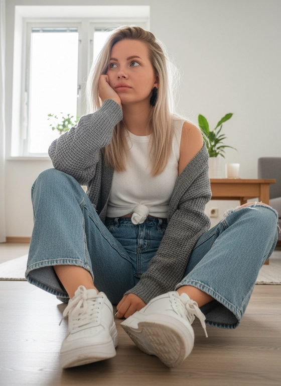 
A photograph of a teenage girl sitting on the floor, her legs spread and bent at the knees, her feet facing the camera. She rests her right elbow on her knee and rests her hand on her cheek. Her left arm is lowered and rests on the floor next to her leg. Her head is slightly tilted, her gaze is directed to the side and slightly upward. Her pose is relaxed and static.

The shot is medium-to-full-length, shot from a slightly lower angle, close to floor level. The vertical orientation of the frame is used for perspective, with a slight emphasis on her legs and shoes in the foreground.

She is wearing a white sleeveless knit top tied in a knot at the front at the waist, loose, high-waisted straight-leg jean...