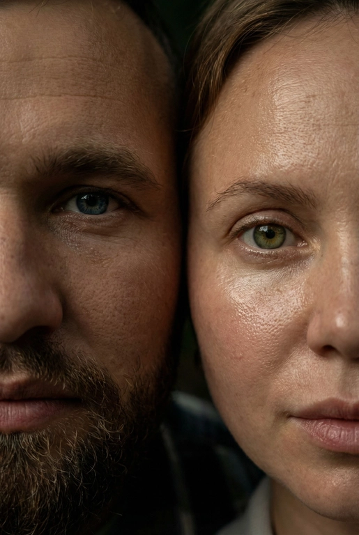   создай портрет, не меняя черты лица. Крупный план (extreme close-up) двух лиц людей, их лица прижатых друг к другу. Видны только половины каждого лица.
Драматичное освещение в стиле чиароскуро, глубокие тени.
Невероятная детализация кожи: видны поры, текстура, естественный блеск у женщины.
Выразительный взгляд прямо в камеру. Высокое разрешение, макросъемка, профессиональное студийное фото, 8K.