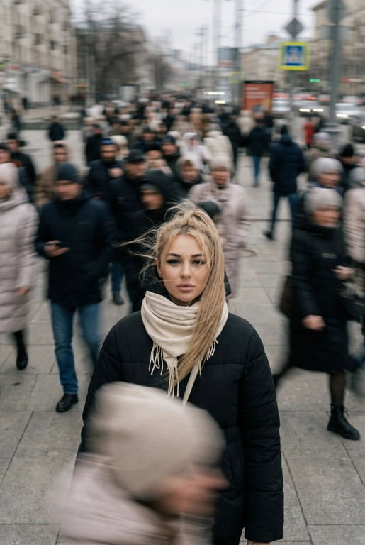 Кинематографичная фотография с эффектом смазанного движения, снятая на Leica SL3 с объективом 50mm Summilux при f/2.8, с фронтального ракурса на уровне груди, с использованием медленной выдержки и панорамирования. Ровный пасмурный дневной свет выступает как мягкий диффузор, позволяя создавать длинные шлейфы размытия без жёсткого контраста. Цветовая тональность — приглушённые бетонно-серые оттенки и нейтральные тона кожи, вдохновлённые фильмами студии A24.
Человек с референса: волосы застыли в движении перед лицом, кожа естественная, глаза пронзительно смотрят прямо в камеру, сохраняя неподвижность среди хаоса; выражение лица спокойное, сосредоточенное. Одежда — сдержанный минималистичный образ без ярких акцентов.
Сотни спешащих прохожих проносятся во всех направлениях, их тела вытянуты в плавные горизонтальные и диагональные размытия. Эмоция — тихий бунт через неподвижность. Эстетика — редакционный покой против хаоса.
Постобработка: чистая физика движения, тонкое зерно, без глитчей, без искажений лица и деформаций анатомии.
–ar 9:16 – raw
