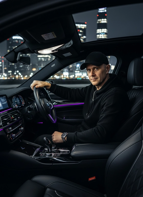 Мужчина сидит за рулём дорогого BMW, припаркованного на фоне ночного города. Рубашка аккуратно заправлена и подчёркивает элегантность и уверенность образа. Одна рука лежит на руле, он смотрит прямо в камеру уверенным взглядом. На нём серебряные часы и серебряная цепочка на шее. Салон BMW тёмный, с кожаными сиденьями и яркими фиолетовыми светодиодными акцентами. Вдалеке мерцают огни ночного города, создавая атмосферу современного стиля, статуса и силы. Съёмка выполнена на 50mm f/1.8 с использованием вспышки, что создаёт выразительный контраст света и тени.


Какая будет одежда?: На нём надета черная худи и кепка.