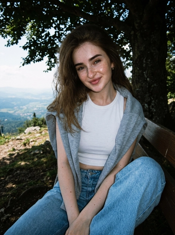 Экстремально крупный план по пояс. Модель днём сидит на лавочке под деревом на горе. Одета в короткий белый топ и светлые джинсы оверсайз, на плечи накинут серый свитер. Фото слегка смазанное. Кинематографический эффект с добавлением зерна. С лёгкой улыбкой. Кожа идеальная, подсвеченная. Не меняй черты лица. Фото затемнено.