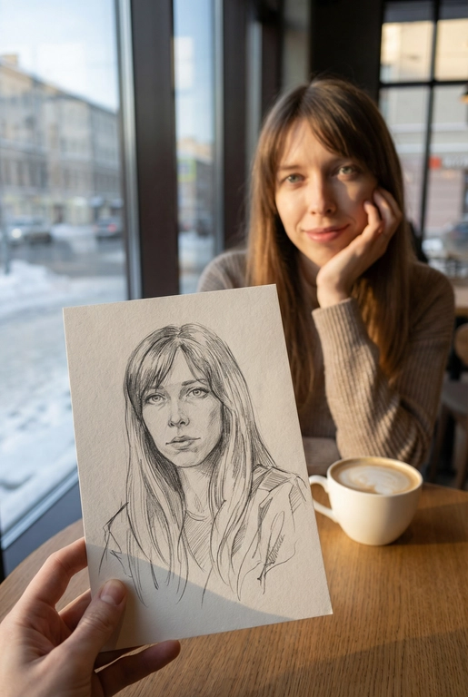 Используя загруженное эталонное фото этого человека, сохрани его черты лица, тон кожи, цвет и длину волос на 100% идентичными исходному изображению. Не меняй форму лица, индивидуальность, возраст или выражение. Сохрани реалистичную текстуру кожи и поры, избегая пластикового сглаживания или чрезмерной ретуши. Создай изображение человека с предоставленной фотографии, не изменяя его внешность и естественные особенности.
Снимок от первого лица: на переднем плане видна рука, держащая карандашный набросок портрета. На заднем плане, в легкой расфокусировке, сидит человек, по образу которого сделан этот рисунок. Композиция создает визуальный диалог между реальностью и искусством.
Человек на фоне смотрит в камеру с легкой, естественной улыбкой, подпирая щеку одной рукой и слегка наклонив голову. Макияж (если присутствует) естественный. На карандашном наброске изображено то же лицо, но с более спокойным, задумчивым и погруженным в себя выражением.
Человек на фоне одет в аккуратную, нейтральную повседневную одежду. На рисунке человек изображен в более свободном, художественном образе.
Сцена происходит в светлом, минималистичном дорогом кафе. Человек сидит за столом. На заднем плане видно большое окно с размытым городским зимним пейзажем. Перед человеком стоит керамическая белая кружка с капучино.
Золотой час. Яркий, но мягкий рассеянный дневной свет из бокового окна падает на лицо человека, создавая естественные блики и мягкие тени, подчеркивая уютную атмосферу.
Фотореалистичный стиль, имитация снимка на смартфон или цифровую камеру с портретным объективом. Малая глубина резкости (эффект боке): карандашный набросок в руке находится в идеальной резкости, а человек и фон — мягко размыты. Карандашный набросок должен выглядеть максимально реалистично, с видимой текстурой бумаги и штриховкой.
