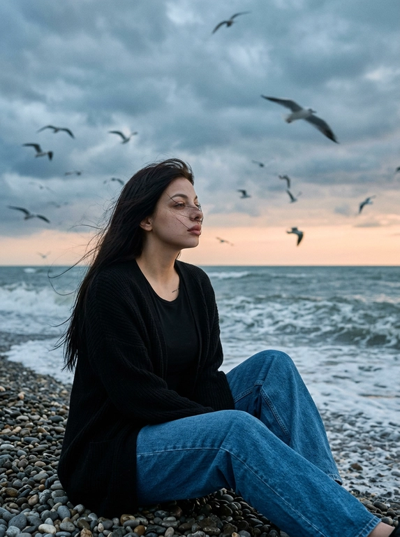 Сохранить внешность 1:1 - лицо, черты, пропорции, возраст, текстуру кожи; фото - единственный эталон. формат 3:4. Атмосферная морская сцена на закате: драматичное облачное небо, холодные голубо-серые оттенки с мягким персиковым у горизонта. Модель сидит боком на гальке у линии прибоя, корпус развернут к морю, взгляд в сторону моря. Ветер растрёпывает волосы, лицо частично перекрыто прядями (волосы развиваются ТОЛЬКО ЕСЛИ они длинные, прическа сохраняется с фото 1:1). в небе летают чайки, часть с лёгким motion blur. Одежда: чёрная базовая футболка, чёрный вязаный кардиган свободной посадки, свободные синие джинсы прямого кроя. Съёмка на винтажную плёночную камеру Kodak, объектив 35mm. Цвет в стиле Kodak Portra 400: матовые тени, мягкий контраст, натуральная цветопередача, лёгкая десатурация, выраженное плёночное зерно. Editorial-композиция, высокий фотореализм, 4K.