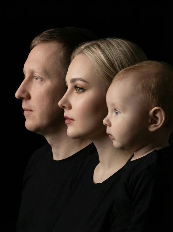 Профессиональный студийный портрет с низким контрастным светом. Головы расположены строго в одну линию. боковой профиль, взгляд влево. У всех видны только головы и немного плечи. Головы занимают весь кадр. Черный фон. Черная одежда у всех. Расположи их по убыванию возраста.