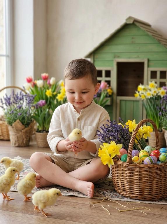 Ребёнок с лицом и улыбкой точь-в-точь как на фото. Ребёнок сидит на фоне светлой стены, сзади — размытый деревянный зелёный домик и цветы вокруг, сидит на полу с плетёной корзиночкой. В корзине — жёлтые цветы, лаванда и разноцветные пасхальные яйца. Вокруг ребёнка — маленькие жёлтые живые цыплята, одного держит в руках. Ребенок улыбается, как на фото, не менять лицо. 

Выбрать пол ребенка: Мальчик в светлой льняной рубашке и бежевых шортах.