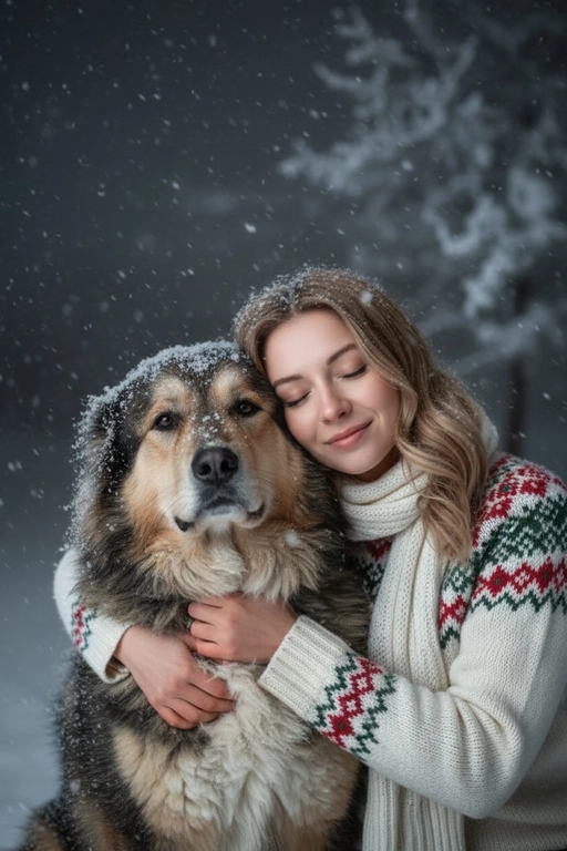 Соответствие лица: сохраняйте точные черты лица, структуру костей, разрез глаз, форму губ, текстуру кожи и оттенок по загруженной фотографии, максимально соответствует индивидуальности] -> Человек с мягкой улыбкой, полузакрытыми от счастья глазами -> нежно обнимает собаку, щека прижата к пушистой шее собаки, обе руки обвиты вокруг груди и шеи собаки, снежинки тают на шерсти и волосах., нежное, любящее выражение лица -> в кремово-белом толстом свитере скандинавской вязки с традиционным красно-зеленым рождественским рисунком на рукавах и воротнике,  в белом вязаном шарфе, свободно повязанном на шее -> на улице в сильный снегопад. В кадре видно морду собаки. Собака породы - медведь 