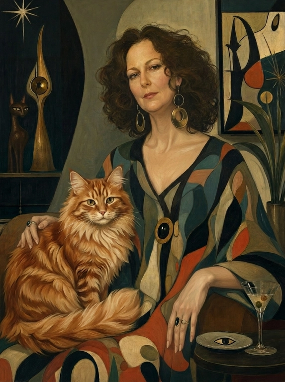 use this fhoto. 

Выберите стиль: Surreal mid-century editorial illustration of an eccentric version of the person in the photo and a animal (an animal that matches my vibe) inside a stylish Location, elongated proportions, exaggerated narrow faces, deadpan expressions, oversized accessories, bizarre fashionable atmosphere, painterly brush textures, distorted anatomy, subtle lowbrow surrealism, sophisticated absurdity, vivid retro color palette, expressive oil-painted strokes, fashionablevintage clothing, dramatic