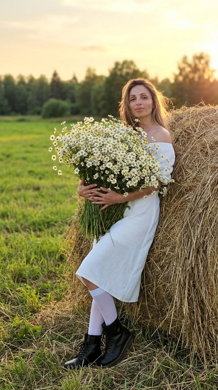 Атмосферный фотореалистичный портрет женщины в сельской местности на закате. Женщина прислонилась к большому стогу сена и обеими руками обнимает очень большой объёмный букет полевых ромашек шириной около 250 см.

На женщине лёгкое белое платье миди, мягко облегающее фигуру, высокие белые гольфы и чёрные кожаные ботинки Dr. Martens . Волосы естественно лежат и слегка подхвачены вечерним воздухом. Поза спокойная и естественная, образ выглядит нежно, уютно и немного ностальгично.

Сцена происходит на просторном зелёном лугу на фоне тёмного леса. Освещение мягкое, тёплое, вечернее, в эстетике золотого часа, с деликатным солнечным свечением по краям волос, силуэту, букету и сену. Атмосфера тихая, тёплая и романтичная.

Высокая детализация текстуры сена, лепестков ромашек, ткани платья и травы. Натуральная цветопередача, мягкий контраст, фотореализм, 8K, естественная текстура кожи, без пластиковой ретуши.