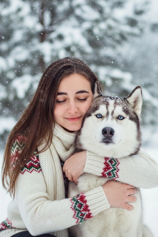Соответствие лица: сохраняйте точные черты лица, структуру костей, разрез глаз, форму губ, текстуру кожи и оттенок по загруженной фотографии, максимально соответствует индивидуальности] -> Человек с мягкой улыбкой, полузакрытыми от счастья глазами -> нежно обнимает собаку, щека прижата к пушистой шее собаки, обе руки обвиты вокруг груди и шеи собаки, снежинки тают на шерсти и волосах., нежное, любящее выражение лица -> в кремово-белом толстом свитере скандинавской вязки с традиционным красно-зеленым рождественским рисунком на рукавах и воротнике,  в белом вязаном шарфе, свободно повязанном на шее -> на улице в сильный снегопад. В кадре видно морду собаки. Собака породы сибирский хаски.