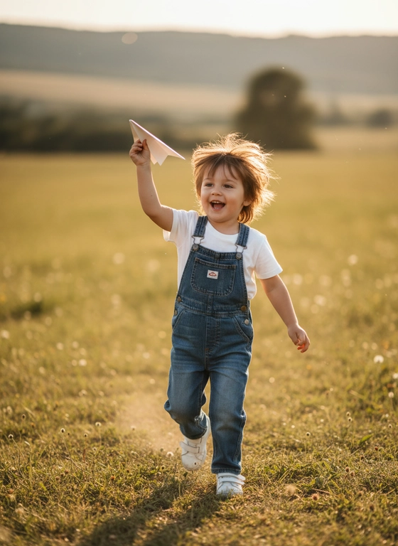 Создай фотографию маленького мальчика, играющего с бумажным самолётиком в открытом поле, одетого в джинсовый комбинезон, белую футболку и кроссовки, с растрёпанными волосами, освещёнными солнечным светом, живой кадр в движении, где он смеётся и бежит, тёплые естественные тона, размытый фон с малой глубиной резкости.