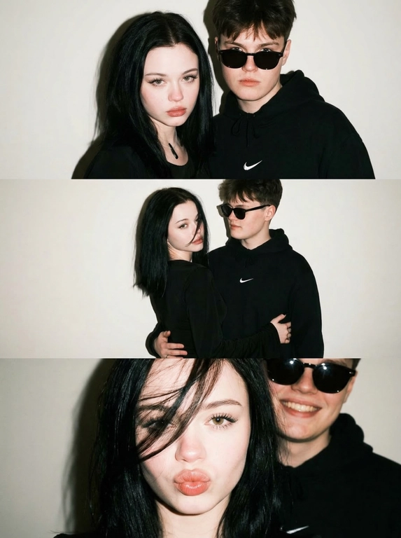 Вертикальный триптих-коллаж из трёх кадров в эстетике глянцевых журналов 2000-х и Y2K. В кадре мужчина и женщина позируют на нейтральном светлом фоне. Жёсткая фронтальная вспышка создаёт резкие тени на стене позади и лёгкий пересвет кожи, характерный для цифровых камер начала 2000-х.
У женщины объёмная укладка, волосы уложены на брашинг. Макияж — «лисичий» взгляд, длинные выразительные ресницы, подчеркнутые внешние уголки глаз, глянцевые губы. Атмосфера — гламурная, слегка дерзкая, как в поп-культуре начала 2000-х.
Кадры коллажа:
Верхний кадр — крупный план. Мужчина и женщина стоят очень близко к камере, почти заполняют весь кадр. Они смотрят прямо в объектив с серьёзным, уверенным выражением лица. Резкая вспышка создаёт плотные тени за их фигурами на стене.
Средний кадр — средний план. Женщина развёрнута корпусом в сторону, голова кокетливо повернута к камере. Прядь волос частично закрывает часть лица. Мужчина стоит позади и обнимает её за талию, смотрит на девушку.
Нижний кадр — очень крупный план. Лицо женщины почти вплотную к камере. Волосы уложены на бок и закрывают левый глаз. Она делает губы «бантиком» и смотрит прямо в объектив. Рядом мужчина, он улыбается.
Минималистичная композиция, крупные и средние планы. Винтажная цифровая текстура, лёгкая мягкая размытость, характерная для камер начала 2000-х, глянцевая Y2K атмосфера.