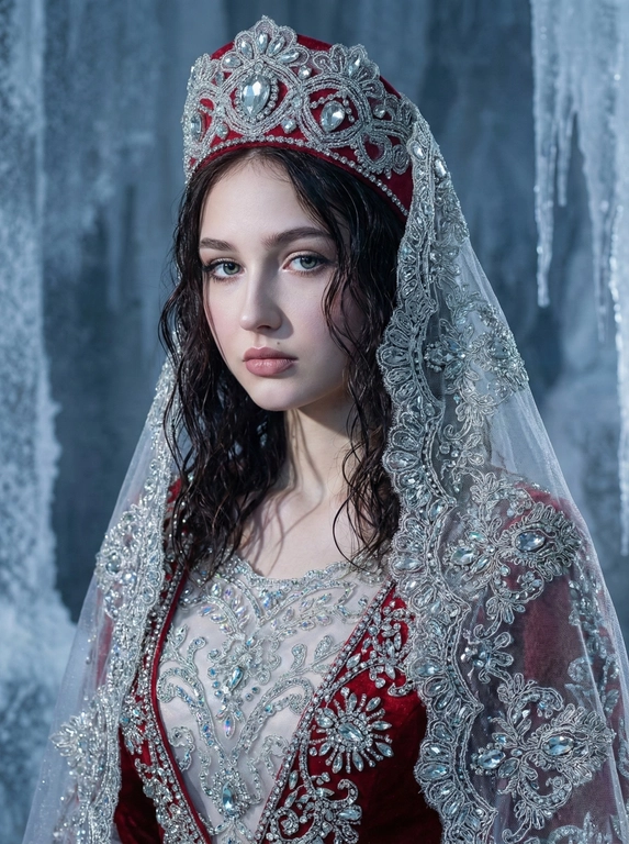   Женская модель, полностью основанная на референс - девушке ( сохранить ее лицо, черты, пропорции, цвет волос и естественную фактуру кожи) У нее красивые волнистые волосы. На ней роскошный королевский головной убор красного цвета, украшенный серебристым кружевом, хрустальными камнями, крупными прозрачными кристаллами и блестящими нитями.Поверх волос спадает серебристая кружевная полупрозрачная вуаль, расшитая драгоценными элементами. Платье в светлых тонах с богатой кристальной
Оборкой, переливами и сложной фактурой. Платье красного цвета в кристаллах.
Девушка мистическая,, в стиле «ледяная атмосфера. Высокая детализация,
fashion-editorial.