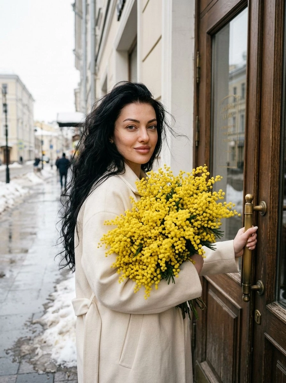 Сохранить черты лица и внешность, возраст, натуральный тон без ретуши. Средне-крупный план (от талии вверх), камера слева от женщины, лицо занимает не менее 35% кадра. Женщина стоит у входа в городское кафе с деревянной дверью и стеклянными вставками, корпус слегка развернут в 3/4 к камере. Лицом к двери, одной рукой держит ручку закрытой двери, другой прижимает к груди огромный пышный букет ярко-жёлтой мимозы. На ней элегантное светлое пальто (молочный оттенок), свободный крой. Волосы как на исходном фото слегка взъерошены ветром Мягкое выражение лица, лёгкая улыбка, взгляд в камеру. Атмосфера начала весны: тающий снег по краям улицы, влажный асфальт, мягкий рассеянный дневной свет, лёгкая прохлада в воздухе. Цветовая палитра нейтральная с ярким акцентом жёлтой мимозы. Фотореализм, натуральная текстура ткани и цветов, без HDR, без пластика, мягкий контраст, 35mm look.