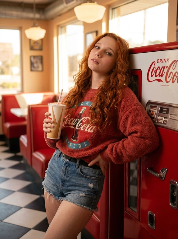 Фотореалистичная lifestyle-fashion съёмка в американской закусочной в стиле 90s retro diner. Модель стоит у ярко-красного автомата с напитками, слегка прислонившись плечом к корпусу. Одна рука поднята к лицу и держит высокий бумажный стакан с трубочкой, вторая расслабленно лежит на талии. Корпус слегка подан вперёд, одно бедро выведено в сторону, создавая красивую S-линию тела. Голова немного наклонена вниз, взгляд исподлобья прямо в камеру, уверенный и притягательный. На ней объёмный пушистый свитер насыщенного красного цвета с крупной винтажной надписью в стиле Coca-Cola, светлые джинсовые шорты с высокой посадкой, потёртостями и необработанным краем, тонкий чёрный ремень.  Макияж мягкий glamour: выразительные ресницы, идеально оформленные брови, лёгкий контуринг, натуральный румянец, сияющая кожа, губы с деликатным сатиновым финишем. Интерьер выполнен в красно-белой палитре: клеточная плитка, большие окна, винтажная атмосфера американского дайнера. Тёплый солнечный свет проникает через окна, смешиваясь с мягким интерьерным освещением, создавая уютные блики на волосах и коже. Реалистичная текстура кожи с видимыми порами, высокая детализация ткани, объёмный ворс свитера, естественные тени и свет. Премиальная fashion-фотография для рекламной кампании одежды, высокая детализация, кинематографичная цветокоррекция с тёплыми красными и карамельными оттенками.

Какая будет укладка?: Волосы густые, объёмные, уложены крупными естественными волнами, свободно ниспадают на плечи и спину.