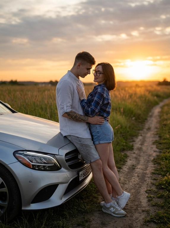 Молодая пара у капота Mercedes C-Class 180