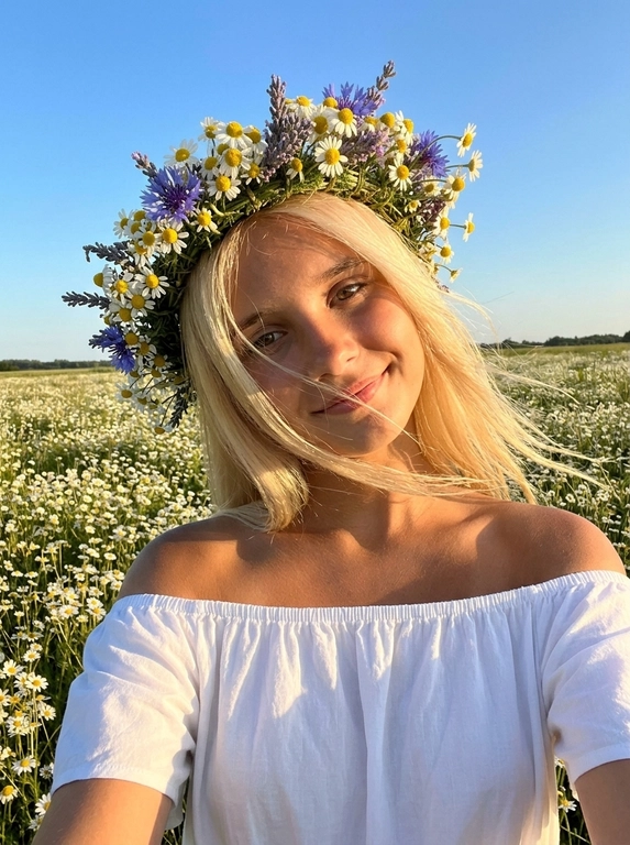 Женщина делает селфи. На ней белое легкое платье с открытыми плечами, лёгкое хлопковое  платье. Кожа загорелая. У нее на голове объёмные цветочные венки из мелких полевых ромашек . Венки должны быть пышные, натуральные, свежие, как летний flower crown. Цветы расположены вокруг головы, без искусственного вида.
Её волосы развиваются от ветра слегка падая на лицо.
Фон: летнее поле с ромашками. Открытое небо без облаков слегка голубое.
Не размывай фон. Голова слегка наклонена к плечу.
Рук в кадре нет.
Горизонт прямой , волосы сильно развиваются от ветра. Солнечная погода в золотой час.