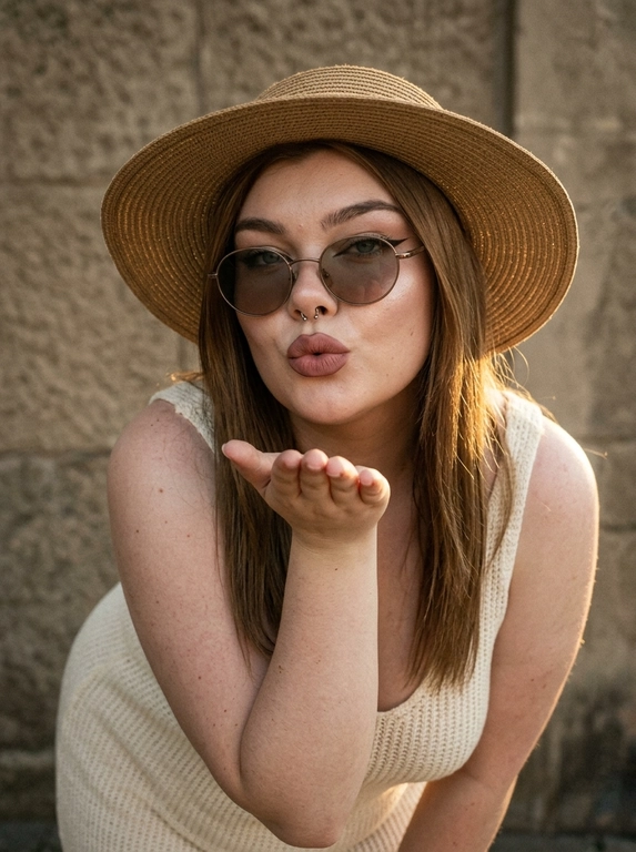Тщательно кадрированный ультрареалистичный портрет женщины в стиле fashion editorial с y2k-влиянием. Женщина слегка наклоняется вперёд в игривом и кокетливом жесте, будто посылает воздушный поцелуй. У неё широкополая соломенная шляпа. На ней кремово-белое летнее вязаное платье, подчёркивающий  силуэт. На лице макияж с акцентом на глаза: cat eye стрелки на верхнем веке, матовая помада пыльно-розового оттенка, контур губ на тон темнее, влажный хайлайтер. Узкие стильные солнцезащитные очки в металлической оправе.  Естественная кожа с видимой текстурой, порами. Закатное контровое освещение, солнце позади модели, мягкие золотистые блики на коже и волосах, слегка пониженная экспозиция, атмосферные тени. Фон — каменная стена серо-бежевого оттенка с выраженной текстурой. Плёночный фильтр, лёгкая зернистость, небольшой шум, лёгкая туманность. Ультрареалистичное фото, натуральный необработанный вид, без beauty filter, без CGI, cinematic, detailed skin texture.

Доп. характеристики: Волосы прямые , в носу септум , в круглых затемнённых очках