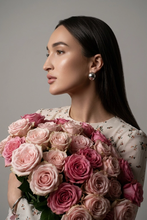 Создайте ультрареалистичный портрет, не меняя черты лица, крупным планом 3/4, с мягкой, освещённой кожей, атласной отделкой и естественным блеском, где женщина изображена в профиле. Спокойное и чувственное выражение лица, губы слегка полуоткрыты. Она носит серебряные серьги-шары и простой серебряный браслет на запястье.
Фон нейтральный, в светло-сером тоне, с тёмным, целенаправленным низким угловым освещением, которое подчёркивает контур лица, текстуру кожи и объём волос. Стиль редактирования — высокая мода, чёткий фокус 8K, реалистичная текстура, изысканная и элегантная атмосфера.


Прямые волосы

Цветы: Держит в руках огромный букет розовых роз.