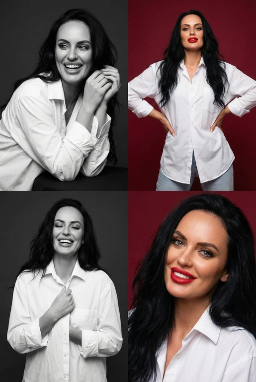 Коллаж из четырёх студийных портретов одной женщины, расположенных в сетке 2×2. Не меняй внешность, цвет и текстуру волос. Все кадры сняты в модном editorial-стиле. Образ — естественная красота, лёгкая небрежность, живые эмоции.
Женщина имеет естественный макияж с акцентом на красные губы. На ней белая очень свободная рубашка мужского кроя на несколько размеров больше, частично расстёгнутая, подчёркивающая линию декольте. В отдельных кадрах она слегка придерживает рубашку руками.
Эмоции и позы:
Верхний левый кадр — чёрно-белый, она наклоняется вперёд, смеётся, взгляд в сторону, живой момент.
Верхний правый — цветной, красный студийный фон, руки на бёдрах, уверенный фэшн-портрет. Снято с нижнего ракурса. Видно часть ее светлых джинс.
Нижний левый — чёрно-белый, она смеётся с закрытыми глазами, держит рубашку у груди, расслабленная поза.
Нижний правый — цветной, крупный портрет, легкая улыбка, слегка наклонила голову в сторону, тёплая улыбка, акцент на губах.
Фон: для цветных кадров — глубокий красный студийный фон, для чёрно-белых — нейтральный тёмный фон.
Освещение: мягкий студийный свет, подчёркивающий текстуру кожи, волосы и складки рубашки. Без жёстких теней.
Композиция: кадры слегка разные по ракурсу, создают ощущение живой съёмки backstage.
Стиль: fashion editorial, lifestyle, natural sexy, cinematic soft light, analog photo vibe, magazine photoshoot, ultra realistic, high detail, skin texture visible, 8k. Волосы чёрные распущены и уложены в объемную естественную укладку