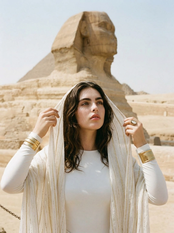 Composition and background: The main focus of the photo is the woman in the foreground, adjusting her head covering (shawl) with both hands raised to her head. In the background stands the world-famous Great Sphinx of Giza in Egypt. A visual parallel is created between the direction of the Sphinx’s gaze and the woman’s pose. The woman in the foreground is in sharp focus, while the Sphinx and the surrounding sand dunes in the background remain slightly out of focus, creating a sense of depth (bokeh effect). Style and clothing details: The image is dominated by earth tones, golden yellow, and white. These colors blend perfectly with the desert atmosphere of Egypt. The thick gold-toned cuff bracelets on the wrists and the statement ring on the finger create a modern reference to the grandeur of Ancient Egypt. Draped over an elegant white, long-sleeved top is a sheer shawl featuring vertical gold stripes and small shimmering details, adding a sophisticated touch to the image. Lighting and atmosphere: The photo appears to have been taken when the sun was high, but the light was slightly diffused, perhaps due to a light haze or a bright sky. This softens harsh shadows and makes the skin and clothing appear smoother. The woman’s gaze and the positioning of her hands give the image the aesthetic of a professional fashion shoot or a film still, rather than a casual snapshot. Technical details: The low-angle shot makes both the Sphinx and the woman appear more majestic and elongated. The contrast between the delicate embroidery details on the shawl and the weathered stone texture of the Sphinx adds visual richness. Additional appearance details: The woman should have a slightly curvy figure, with slightly wider hips and a softly fuller body shape.