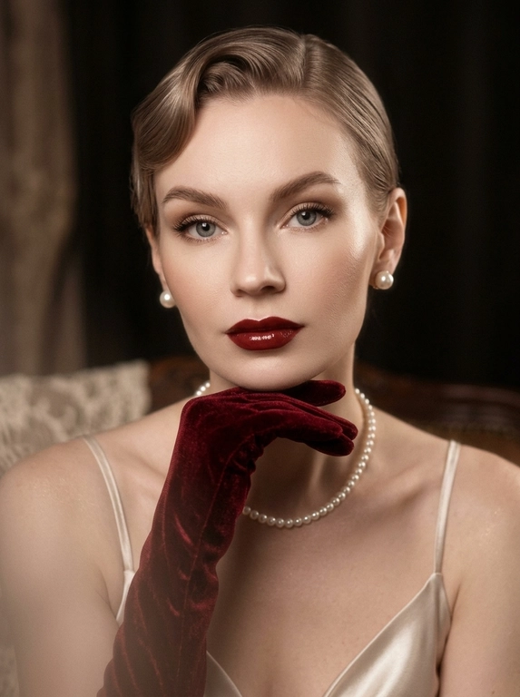 Фотореалистичная художественная fashion-фотография в винтажном стиле, эстетика old-money vintage fashion. Крупный портрет: кадрирование от верхушки головы до верхней части груди/ключиц, лицо занимает большую часть кадра. 
Описание человека: возьми загруженное фото за основу, сохрани лицо.
Образ и детали : классический ретро-glamour. Макияж: ровный фарфоровый тон, мягкие тёплые тени, подчёркнутые ресницы и подводка, выразительные брови; темно-красные губы с чётким контуром и глянцевым финишем. Аксессуары: жемчужные серьги-пусеты и короткое жемчужное ожерелье. На руках длинные темно-красные бархатные перчатки, одна рука поднята к лицу и лежит под подбородком/у линии челюсти, пальцы изящно согнуты. Одежда: светлое атласное/шелковое платье на тонких бретелях (видна верхняя часть), мягкий благородный блеск.
Свет и атмосфера: мягкий рассеянный свет как от окна или лампы с абажуром, тёпло-нейтральный оттенок, нежные тени, лёгкая подсветка скул и линии плеч. Выраженная плёночная дымка (soft haze), мягкое свечение по светам, деликатное зерно, чуть сниженный контраст, пастельная палитра кремовых и серо-оливковых тонов. Фон тёмный, не отвлекающий, с намёком на винтажные ткани и фактуры.
Фокус и детализация: мягкая глубина резкости — лицо и верх образа в фокусе, детали на переднем плане чуть мягче. Высокая детализация материалов (бархат, жемчуг, бархатные перчатки, ткань платья), естественная фактура, аккуратная ретушь без эффекта «пластика». Без текста, без логотипов, без водяных знаков.

Какая будет прическа?: Гладкая ретро-укладка с волной у лба и боковым пробором, аккуратные скульптурные пряди.