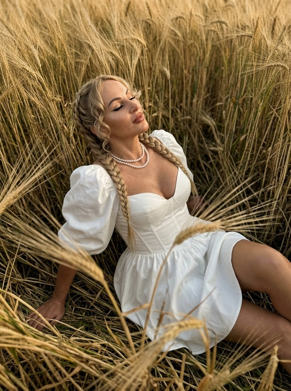 Ультрареалистичная фотография, снятая на iPhone 16 Pro, основная камера 24 mm, формат 4:5.

Женщина лежит на спине среди густых высоких диких колосьев. Камера расположена немного выше и сбоку, съемка сверху под небольшим углом. Голова слегка запрокинута назад, глаза закрыты, подбородок немного приподнят. Правая рука свободно лежит в траве, левая вытянута вдоль тела. Левая нога согнута в колене, правая вытянута.

Загорелая кожа с ровным тоном и влажным сиянием, густые брови уложенные вверх, глаза с межресничной стрелкой, пышные густые ресницы в лисьем эффекте, графичные чёткие длинные чёрные стрелки Пин-Ап, яркий хайлайтер во внутренних уголках. губы накрашены насыщенным коричневым карандашом с мягким  обведённым контуром. 

Высокие золотистые колосья окружают девушку со всех сторон. Несколько длинных колосьев расположены очень близко к объективу и сильно размыты, частично перекрывая нижний, левый и правый край кадра. Остальные колосья лежат вокруг тела и мягко наклоняются над девушкой, создавая ощущение, что она полностью утопает в высокой траве.

Золотой час перед закатом, теплый боковой свет, легкий ветер.

Цветокоррекция: теплые кремово-золотые оттенки, приглушенные цвета, низкая экспозиция, мягкий контраст, натуральная кожа, глубокие оливковые и песочные оттенки, легкое пленочное зерно, Kodak Portra 400 color grading, authentic candid iPhone photography, spontaneous snapshot, documentary lifestyle photography, shallow depth of field, ultra photorealistic, 8K.

Какая будет прическа?: Волосы разделены чётким пробором сверху, заплетены в две толстые длинные косы назад, две кудрявые пряди спадают на лицо и обрамляют его,

Какая будет одежда?: На ней короткое белое платье из плотного хлопкового сатина с корсетным лифом, глубоким вырезом sweetheart, объемными рукавами-фонариками до локтя, короткой пышной юбкой и двойное жемчужное ожерелье.