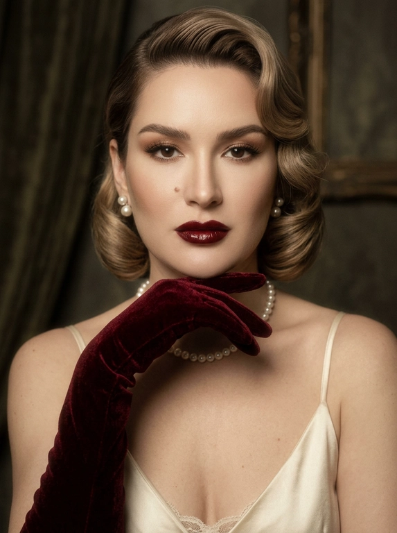 Фотореалистичная художественная fashion-фотография в винтажном стиле, эстетика old-money vintage fashion. Крупный портрет: кадрирование от верхушки головы до верхней части груди/ключиц, лицо занимает большую часть кадра. 
Описание человека: возьми загруженное фото за основу, сохрани лицо.
Образ и детали : классический ретро-glamour. Макияж: ровный фарфоровый тон, мягкие тёплые тени, подчёркнутые ресницы и подводка, выразительные брови; темно-красные губы с чётким контуром и глянцевым финишем. Аксессуары: жемчужные серьги-пусеты и короткое жемчужное ожерелье. На руках длинные темно-красные бархатные перчатки, одна рука поднята к лицу и лежит под подбородком/у линии челюсти, пальцы изящно согнуты. Одежда: светлое атласное/шелковое платье на тонких бретелях (видна верхняя часть), мягкий благородный блеск.
Свет и атмосфера: мягкий рассеянный свет как от окна или лампы с абажуром, тёпло-нейтральный оттенок, нежные тени, лёгкая подсветка скул и линии плеч. Выраженная плёночная дымка (soft haze), мягкое свечение по светам, деликатное зерно, чуть сниженный контраст, пастельная палитра кремовых и серо-оливковых тонов. Фон тёмный, не отвлекающий, с намёком на винтажные ткани и фактуры.
Фокус и детализация: мягкая глубина резкости — лицо и верх образа в фокусе, детали на переднем плане чуть мягче. Высокая детализация материалов (бархат, жемчуг, бархатные перчатки, ткань платья), естественная фактура, аккуратная ретушь без эффекта «пластика». Без текста, без логотипов, без водяных знаков.

Какая будет прическа?: Гладкая ретро-укладка с волной у лба и боковым пробором, аккуратные скульптурные пряди.