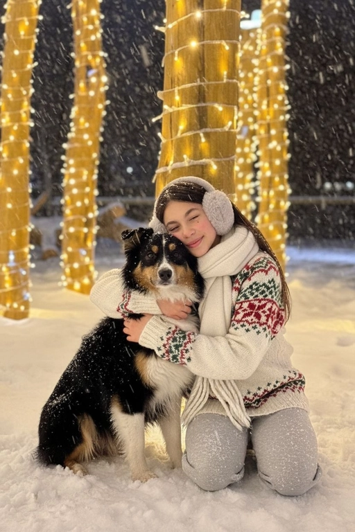 Соответствие лица: сохраняйте точные черты лица, структуру костей, разрез глаз, форму губ, текстуру кожи и оттенок по загруженной фотографии, максимально соответствует индивидуальности] -> Человек с мягкой улыбкой, полузакрытыми от счастья глазами -> нежно обнимает собаку, щека прижата к пушистой шее собаки, обе руки обвиты вокруг груди и шеи собаки, снежинки тают на шерсти и волосах., нежное, любящее выражение лица -> в кремово-белом толстом свитере скандинавской вязки с традиционным красно-зеленым рождественским рисунком на рукавах и воротнике,  в белом вязаном шарфе, свободно повязанном на шее -> на улице в сильный снегопад. В кадре видно морду собаки. Собака породы аусси