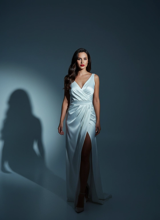 Сохрани внешность на 100%. full length photo of an elegant model in an expensive style, with her hair brushed and some loose curls, full length angle, natural colors, shot on iphone 16 pro max, full red lips, in a white satin floor-length dress, partially visible, strong cool side lighting creates harsh shadows, cool cinematic background with soft studio background light, luxury, skin care advertising style, high detail, close attention to skin and eyes, visible pores, visible eyebrow hairs, eyelashes, natural light, facial fuzz, glossy editorial style vogue 2025