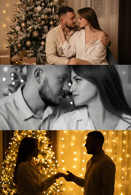 Создай новогодний кинематографичный коллаж, состоящий из трёх горизонтальных кадров друг под другом. Вечер, приглушенный свет, тёплый свет гирлянд, мягкое боке, уютная домашняя атмосфера. 

Кадр 1 (верхний): широкий план. Пара у украшенной новогодней ёлки.
Одежда: девушка в лёгкой белой рубашке, надетой свободно на шелковый топ на тонких бретельках, слегка сползающей с плеч; парень — в светлой рубашке бежево-молочного оттенка. Слабый свет гирлянд, мягкие тени, спокойный романтичный момент.

Кадр 2 (средний): крупный чёрно-белый портрет. Их лица близко, мягкое боке позади. Одежда: те же свободные рубашки, видны только верхние части — мягкая ткань, естественные складки, домашний уют. 

Кадр 3 (нижний): силуэтный кадр на фоне ярких огней. Пара тянется друг к другу. Одежда: светлые рубашки, расстёгнутые манжеты, мягко подсвеченные гирляндами. Золотой свет, много боке, тёплое новогоднее настроение.

Стиль: тёплый, нежный, интимный, романтичный, кинематографичный.
