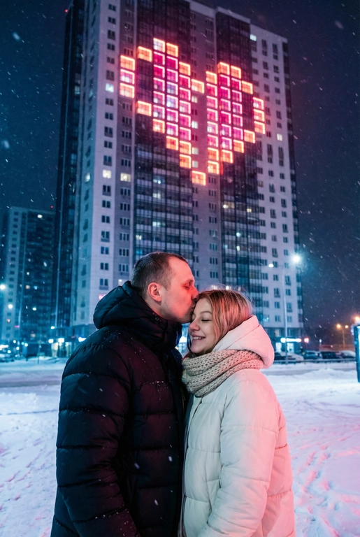  Создай не меняя черты лица. Романтический снимок пары, стоящей на заснеженной городской улице поздним вечером. Главный объект – крупный план пары: мужчина в черной кожаной дутой зимней куртке нежно целует женщину в белой дутой куртке в лоб, она стоит с прикрытыми глазами, улыбаясь. За ними возвышается массивный современный жилой небоскреб, на фасаде которого окна на нескольких этажах подсвечены ярким  светом, формируя огромное пиксельное сердце. Освещение драматичное, контрастное, с преобладанием холодных тонов в небе и тёплого, неонового розового свечения от здания. Снег на земле отражает свет. Урбанистическая, зимняя, кинематографическая фотография, атмосферный кадр.