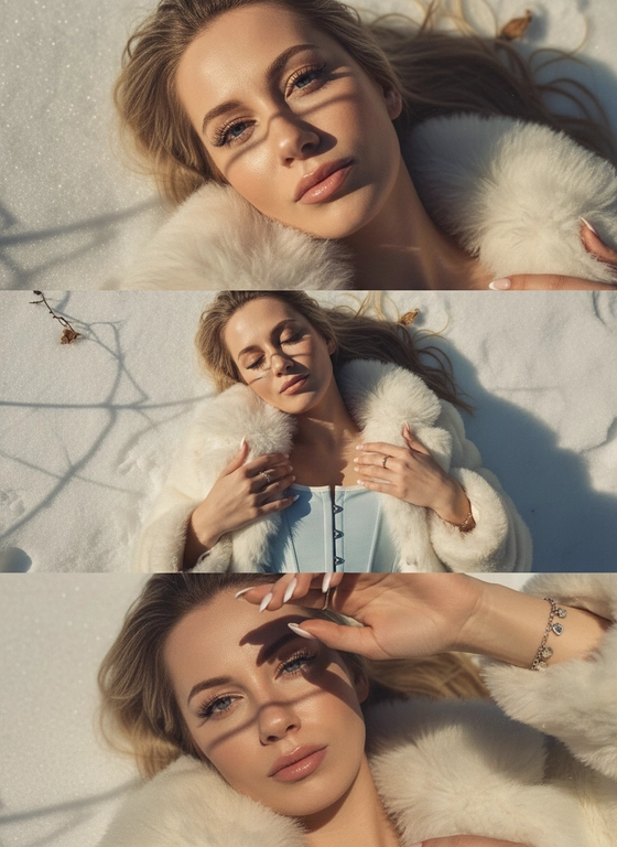 Создай не меняя черты лица.Макияж: яркий в стиле Y2K - длинные натуральные ресницы,приподнятые брови,  контур и румяна, свечение хайлайтера, глянцевые нюдовые губы. Ногти: средней длинны в стиле baby boomer.
﻿﻿Ювелирные изделия: подходящие серьги + несколько колец + браслет с подвесками. Композиция в три части в стиле Y2K: Верхний кадр:
﻿﻿крупный план её глаз и верхней части лица, она лежит на снегу,солнечный свет создаёт резкие тени от деревьев/ ветвей. Средний кадр - она лежит на снегу, в шубе, под ней корсет, глаза закрыты, лёгкая улыбка. Нижний кадр - крупный план, она смотрит прямо в камеру, одна рука закрывает солнце, тени полосами на её лице. Она лежит на снегу.Общая эстетика Y2K: тёплые тона, золотистый оттенок, мягкая зернистость, повышенный контраст, лёгкий виньетирование, ностальгическое, мечтательное настроение. Цвет шубы - белый , цвет корсета - голубой.