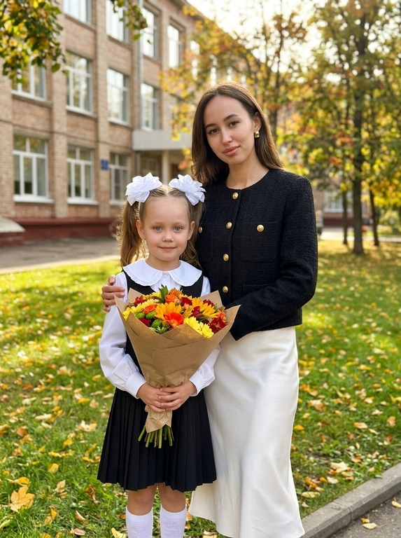 Фотореалистичная семейная фотография родителя с ребёнком на улице. Родитель и ребёнок стоят рядом перед школьным зданием, родитель слегка повёрнут к ребёнку и одной рукой нежно обнимает его за плечи. Оба смотрят прямо в камеру с мягкими естественными улыбками, расслабленная поза без ощущения постановочной фотосессии.

Если родитель - женского пола, то на ней чёрный фактурный жакет с круглым вырезом и золотыми пуговицами, белая атласная юбка миди, небольшие золотые серьги.

Если родитель - мужского пола, то на нем чёрный пиджак-блейзер фактурной ткани (например, шерсть с лёгким рельефом — твид или букле-эффект), пиджак расстегнут, под ним белая свободная футболка, заправленная в брюки, прямые wide брюки-палаццо тёмно-серого, черные ботинки на массивной подошве, кожаный ремень.

Осенний школьный двор, фасад школы на заднем плане, зелёный газон с отдельными жёлтыми опавшими листьями, деревья с осенней листвой по краям кадра. Мягкий яркий дневной свет, лёгкое золотистое солнце сквозь деревья, естественные мягкие тени, красивый тёплый осенний свет. Фон слегка размыт, лица максимально чёткие. Реалистичная фотография на смартфон, натуральная текстура кожи и волос, лёгкое живое боке, естественная цветопередача, лёгкое плёночное зерно, дорогая семейная lifestyle-съёмка.


Пол ребенка : Девочка стоит рядом, держит перед собой большой пышный букет ярких осенних цветов в крафтовой упаковке. Смотрит прямо в камеру с мягкой естественной улыбкой, поза расслабленная, без ощущения постановочной фотосессии. На девочке белая блуза с крупным округлым красивым воротником и манжетами, чёрный сарафан со слегка плиссированной юбкой, белые гольфы и чёрные туфли. Волосы собраны в 2 высоких хвостика с большими белыми школьными бантами.