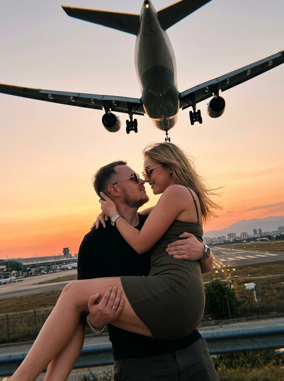 Низкий ракурс (low angle), съемка чуть снизу с эффектом присутствия, словно фотограф быстро поймал момент на улице возле аэропорта.
Объектив 24–35mm с естественными широкоугольными искажениями по краям кадра.
Камера слегка наклонена, создавая эффект спонтанного живого кадра.
В верхней части кадра — огромный пассажирский самолет, заходящий на посадку прямо над парой.
На фоне: закатное небо, размытые силуэты терминала, взлетная полоса, городские огни и далекие горы.
АТМОСФЕРА:
Эмоция случайно пойманного интимного момента во время путешествия.
Кадр выглядит как дорогая lifestyle-фотография, снятая «между дублями», а не идеально выстроенная постановка.
Ощущение ветра, движения, шума самолета и теплого вечернего воздуха.
ПОЗА:
Мужчина держит женщину на руках чуть неровно и естественно, как в реальной жизни.
Она мягко улыбается, обнимая его за шею.
Их лица очень близко — момент за секунду до поцелуя.
Положение рук и ног слегка асимметричное и живое.
Волосы и платье слегка двигаются от ветра и потока воздуха от самолета.
ВНЕШНОСТЬ:
Максимально естественная анатомия и пропорции тел.
Без «идеальной» симметрии.
Живые эмоции, микронапряжение мышц, натуральные позы.
ОДЕЖДА:
Мужчина: черная футболка и темные брюки/шорты с естественными складками ткани.
Женщина: облегающее мини-платье кофейного или темно-оливкового оттенка на тонких бретелях.
Ткань слегка натягивается и движется от ветра, реалистично повторяя форму тела.
АКСЕССУАРЫ:
Солнцезащитные очки-авиаторы с натуральными отражениями закатного света.
Металлические часы и браслет с реалистичными бликами и микроцарапинами.
СВЕТ:
Настоящий golden hour.
Мягкий теплый контровой свет от заката.
Солнце почти за горизонтом создает естественный rim light по контуру тел, волос и самолета.
Небо насыщенное, с плавным переходом оранжевых, розовых и золотистых оттенков.
Свет неидеальный: присутствуют легкие пересветы и глубокие тени, как в настоящей фотографии.
САМОЛЕТ:
Крупный современный пассажирский авиалайнер максимально реалистичен.
Видны шасси, закрылки, детали двигателей, огни посадки.
Самолет слегка размыт в движении, создавая эффект настоящего пролета над головой.
REALISM:
Максимально реалистичная живая фотография.
Натуральная текстура кожи без пластиковой ретуши.
Реалистичная работа камеры: — легкий motion blur
— subtle film grain
— natural lens distortion
— realistic dynamic range
— случайные световые блики (lens flare)
— небольшая неидеальность кадрирования
ЦВЕТОКОР:
Кинематографичный travel aesthetic color grading.
Теплые закатные оттенки, глубокие тени, мягкий контраст.
Цвета выглядят натурально, как у дорогой камеры Sony/Canon cinematic look.
ФОРМАТ: ultra realistic candid photography, cinematic travel moment, luxury lifestyle aesthetic.