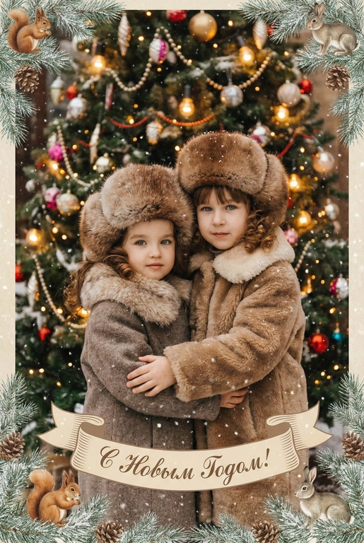   создай новогоднюю фотографию в стиле советского фильма: лица максимально похожи на исходное фото, на улице, в старой зимней одежде (пальто/шуба с меховым воротником, меховая шапки из ондатры или норки). Идёт снег. На фоне размытая украшенная советскими стеклянными игрушками ёлка с гирляндами и тёплыми огоньками. Внизу бежевая декоративная лента с надписью. Рамка по краям из еловых веток со снегом, добавить шишки, белочек и зайчиков. Атмосфера уюта и ностальгии, мягкие кистевые мазки, тонкая плёночная зернистость, мягкая глубина резкости. Надпись на ленте: "С Новым Годом!"