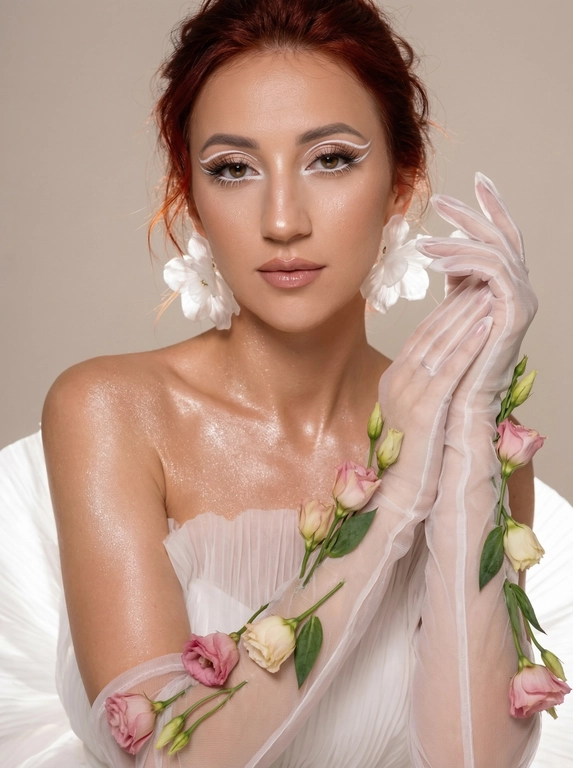 Создай крупный портрет в стиле высокой моды, не меняя черты лица. Элегантный макияж глаз с длинными острыми белыми двойными изогнутыми стрелками, длинные густые ресницы эффект лучики, нижние густые ресницы накрашены белым, белый каял карандаш на нижнем веке, белый хайлайтер во внутренних уголках и на скулах. Тело и декольте подсвечены хайлайтером и шиммером. На ушах объемные полупрозрачные белые серьги-цветы. Высокая детализация текстур кожи и одежды. Лицо освещено ярким белым светом, изящный кадр с нежным светом, мягко обволакивающим фигуру и подчеркивающим пышные складки белого платья из тонкой плиссированной ткани, создающей легкость. В длинных полупрозрачных перчатках, добавляющих изысканности и загадочности. По запястьям из-под перчаток и по предплечьям живые цветы — розовые и кремовые бутоны эустомы и листья, контрастирующие с кожей и блеском перчаток. Лицо обращено к камере, выражение спокойствия и мечтательности, с влажной сияющей кожей. Равномерно светлый нейтральный фон акцентирует фигуру и детали, тени размыты, создавая атмосферу тепла и уюта. Композиция сосредоточена на верхней части тела и руках, подчеркивая грациозность и изящество, фотореалистичное изображение, высокая детализация, 8K, высокая контрастность. Девушка смотрит прямо в камеру.